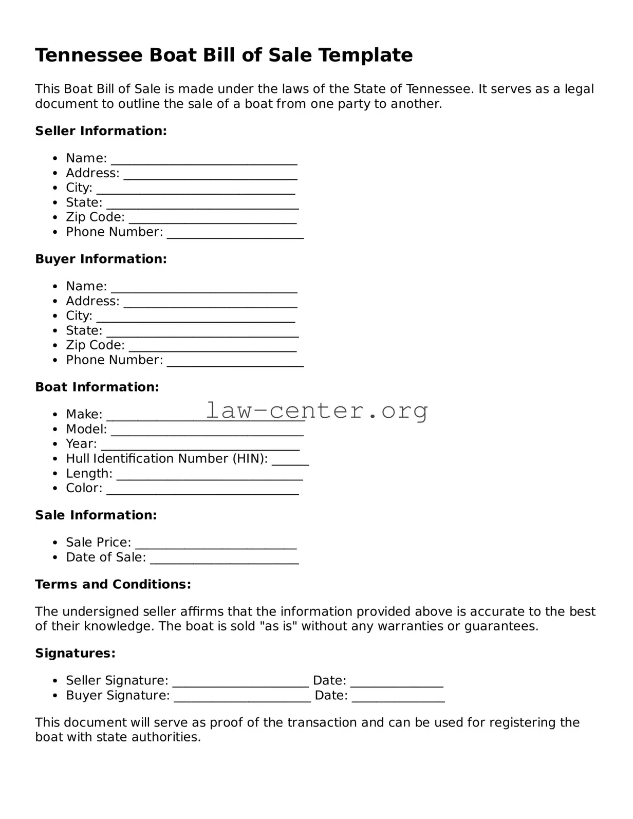 Attorney-Approved Tennessee Boat Bill of Sale Document