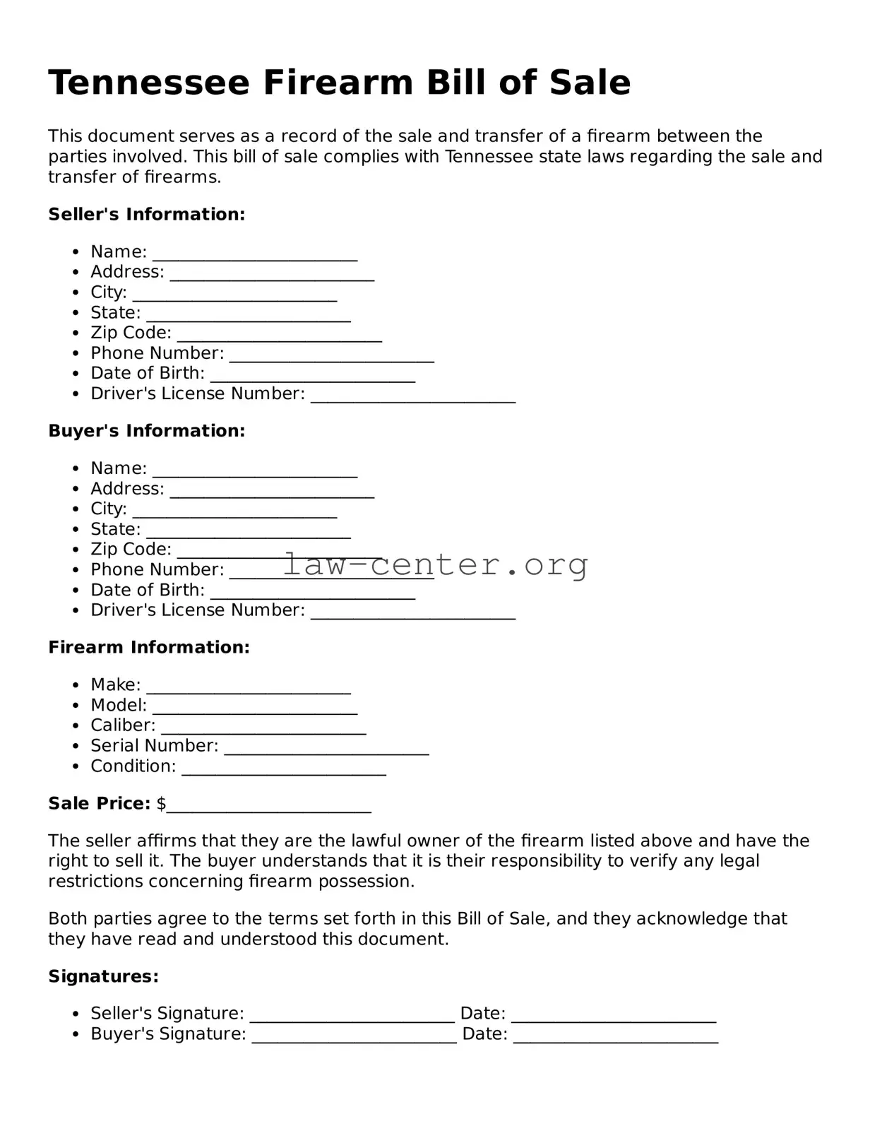 Attorney-Approved Tennessee Firearm Bill of Sale Document