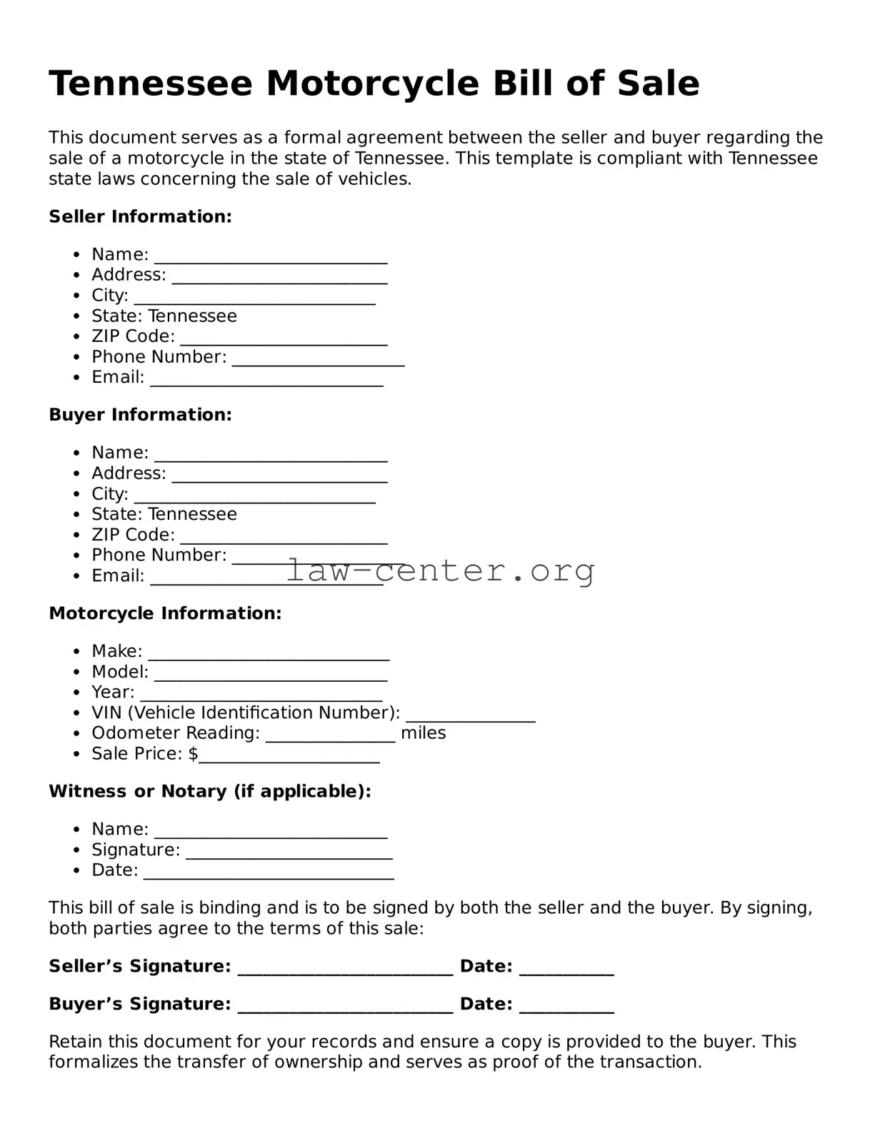 Attorney-Approved Tennessee Motorcycle Bill of Sale Document