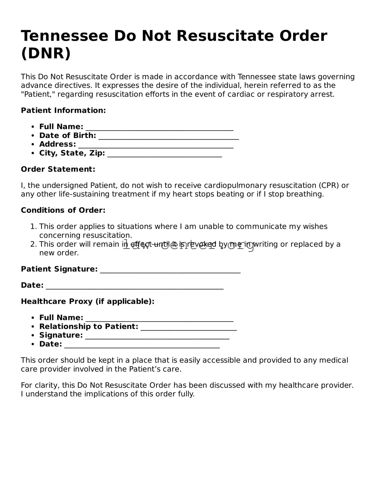 Attorney-Approved Tennessee Do Not Resuscitate Order Document