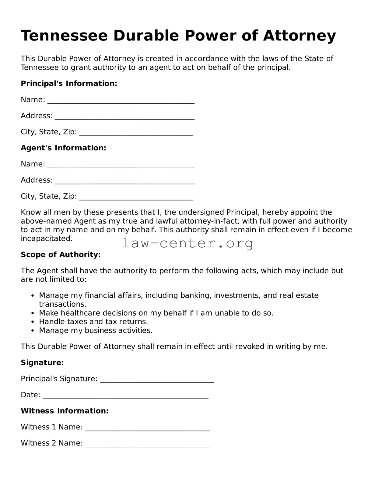 Attorney-Approved Tennessee Durable Power of Attorney Document