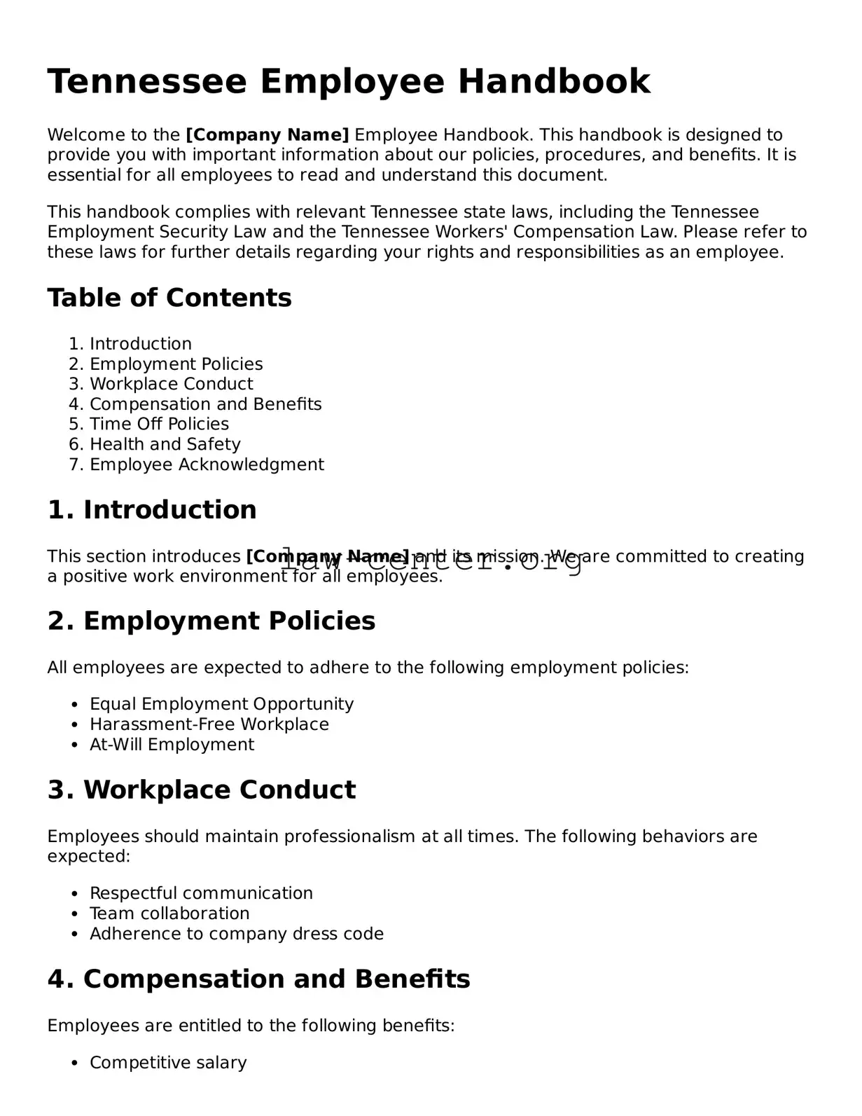 Attorney-Approved Tennessee Employee Handbook Document