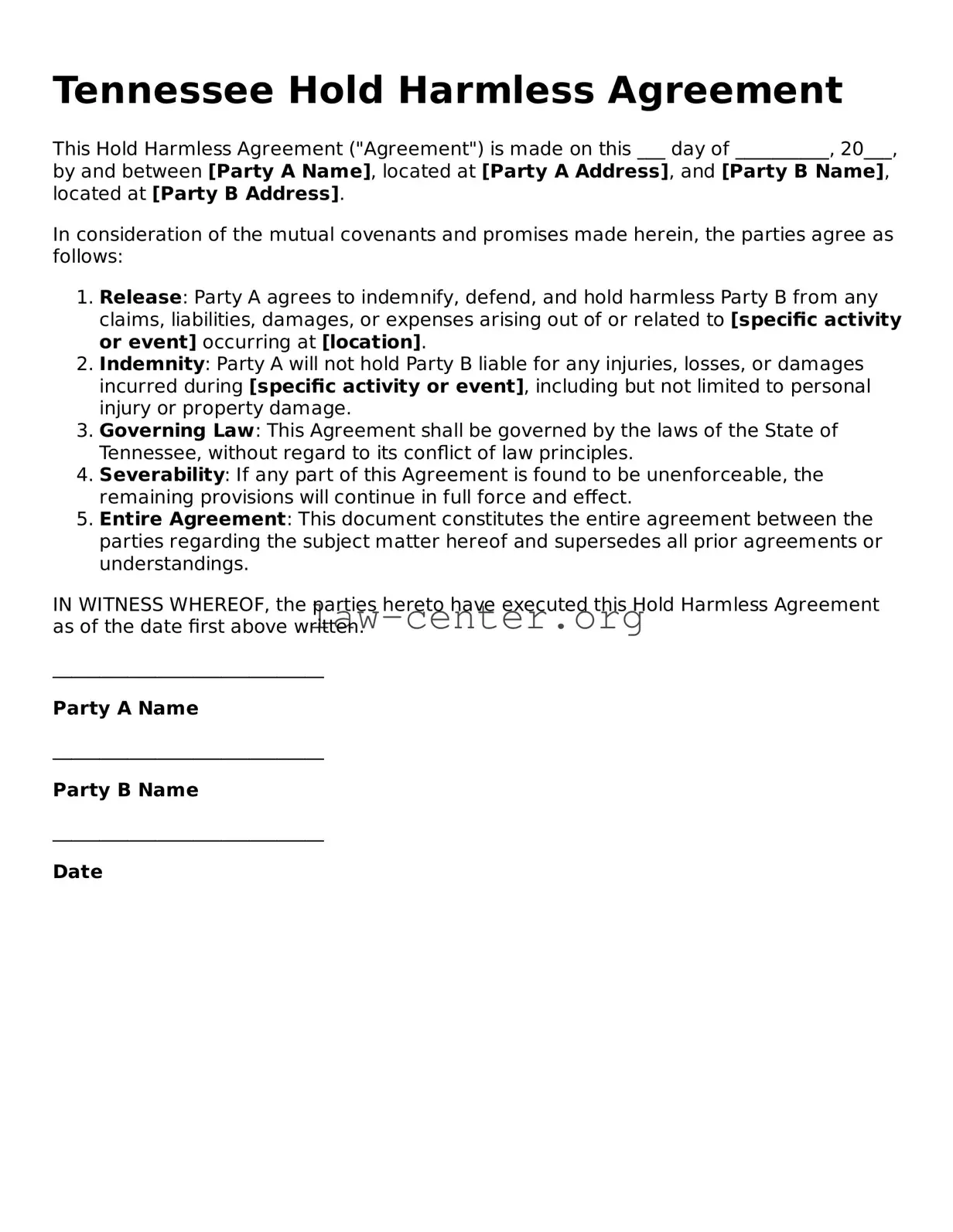 Attorney-Approved Tennessee Hold Harmless Agreement Document