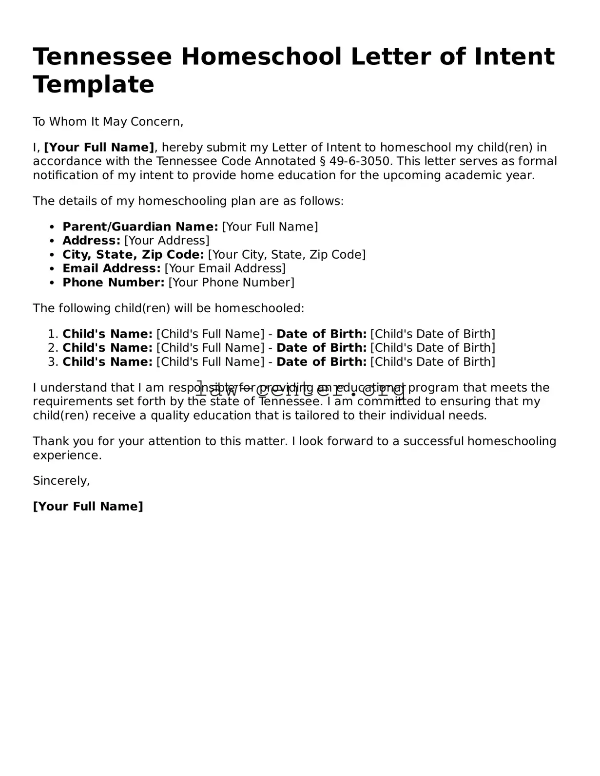 Attorney-Approved Tennessee Homeschool Letter of Intent Document