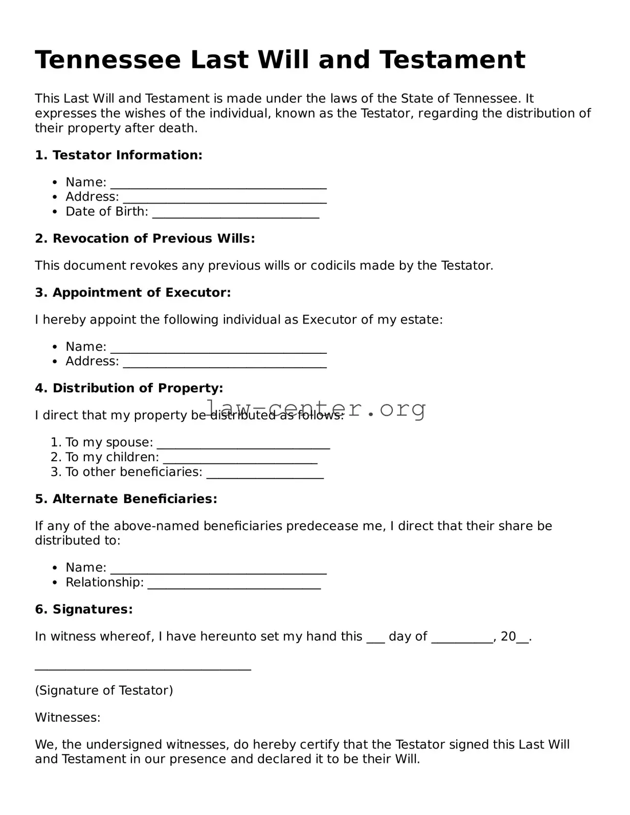 Attorney-Approved Tennessee Last Will and Testament Document