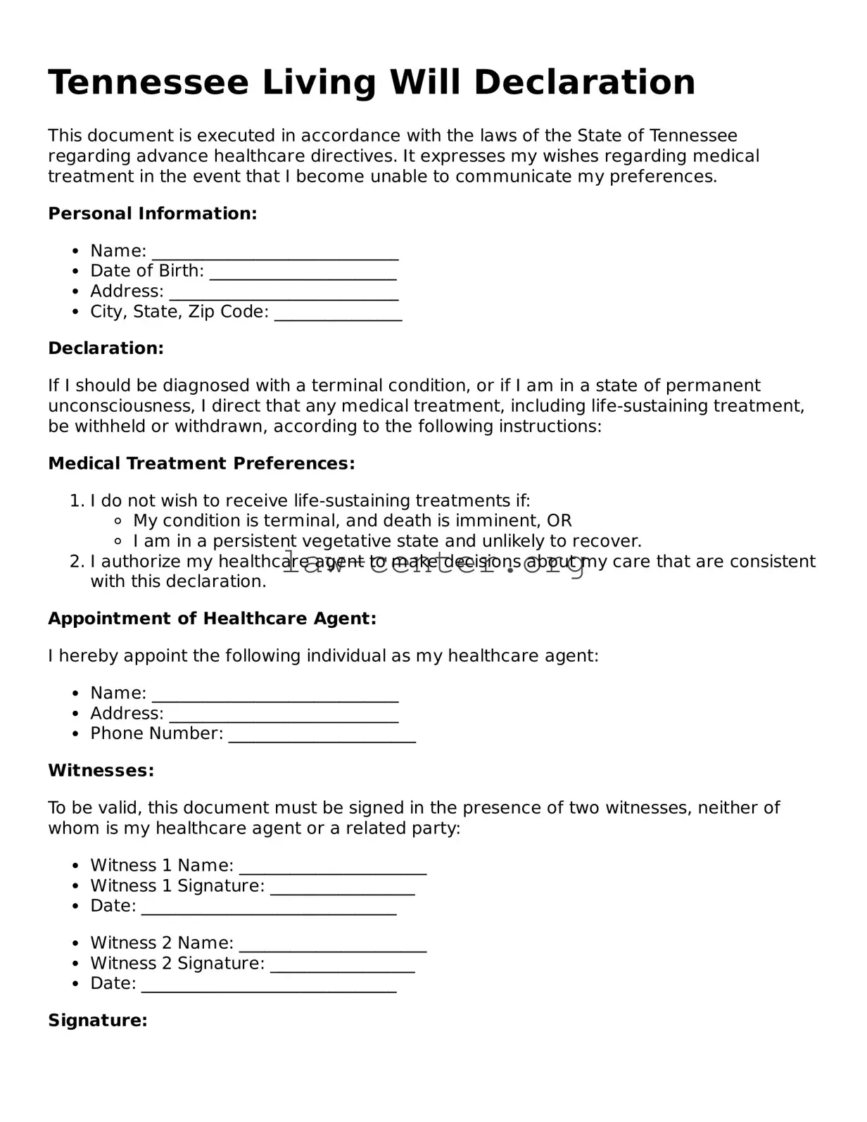 Attorney-Approved Tennessee Living Will Document