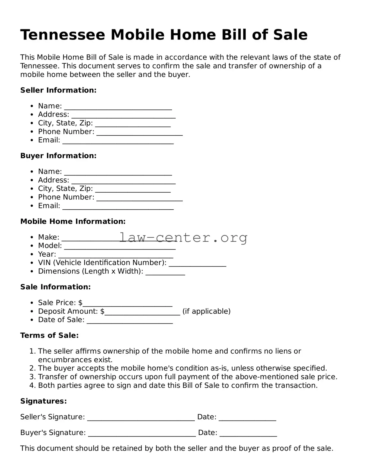 Attorney-Approved Tennessee Mobile Home Bill of Sale Document