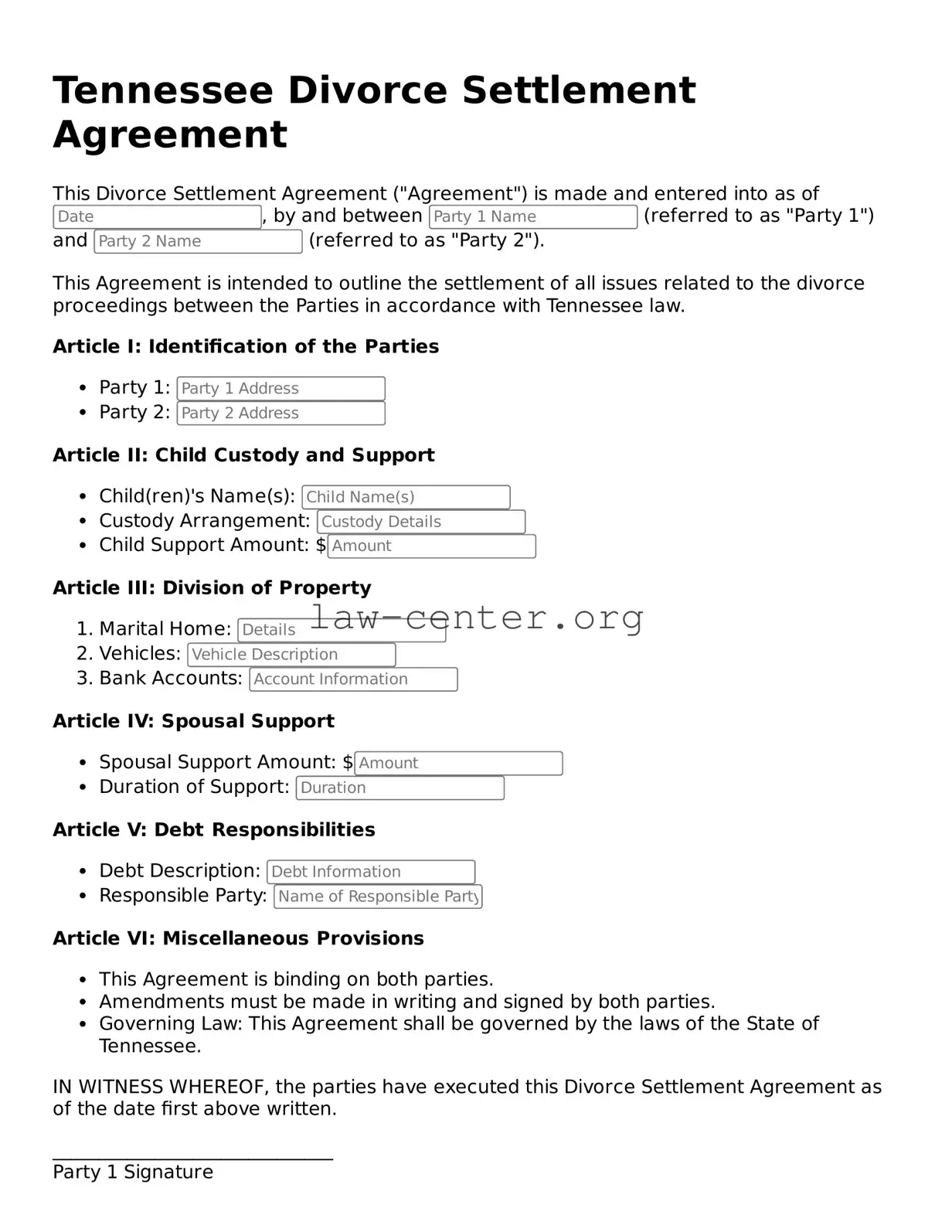 Attorney-Approved Tennessee Divorce Settlement Agreement Document