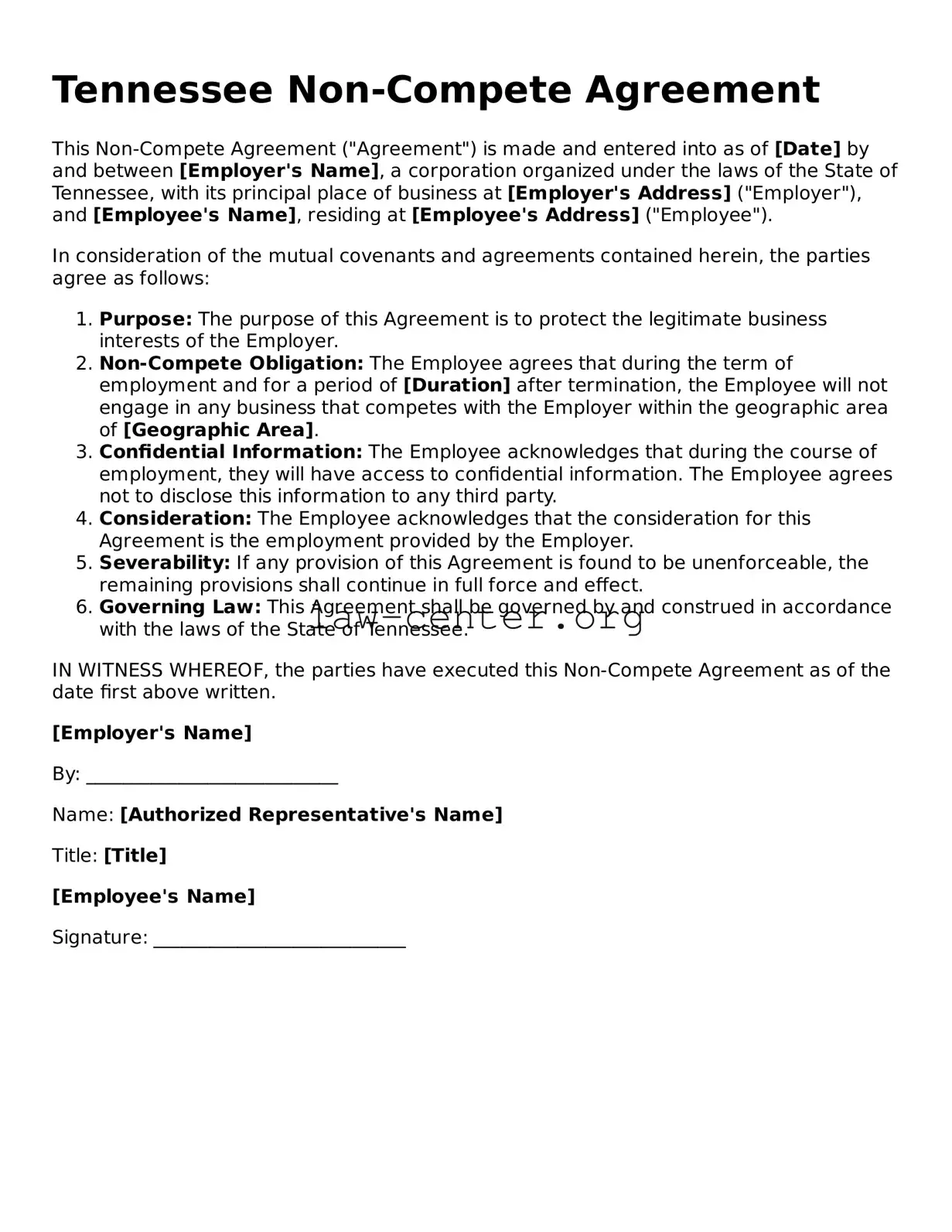Attorney-Approved Tennessee Non-compete Agreement Document