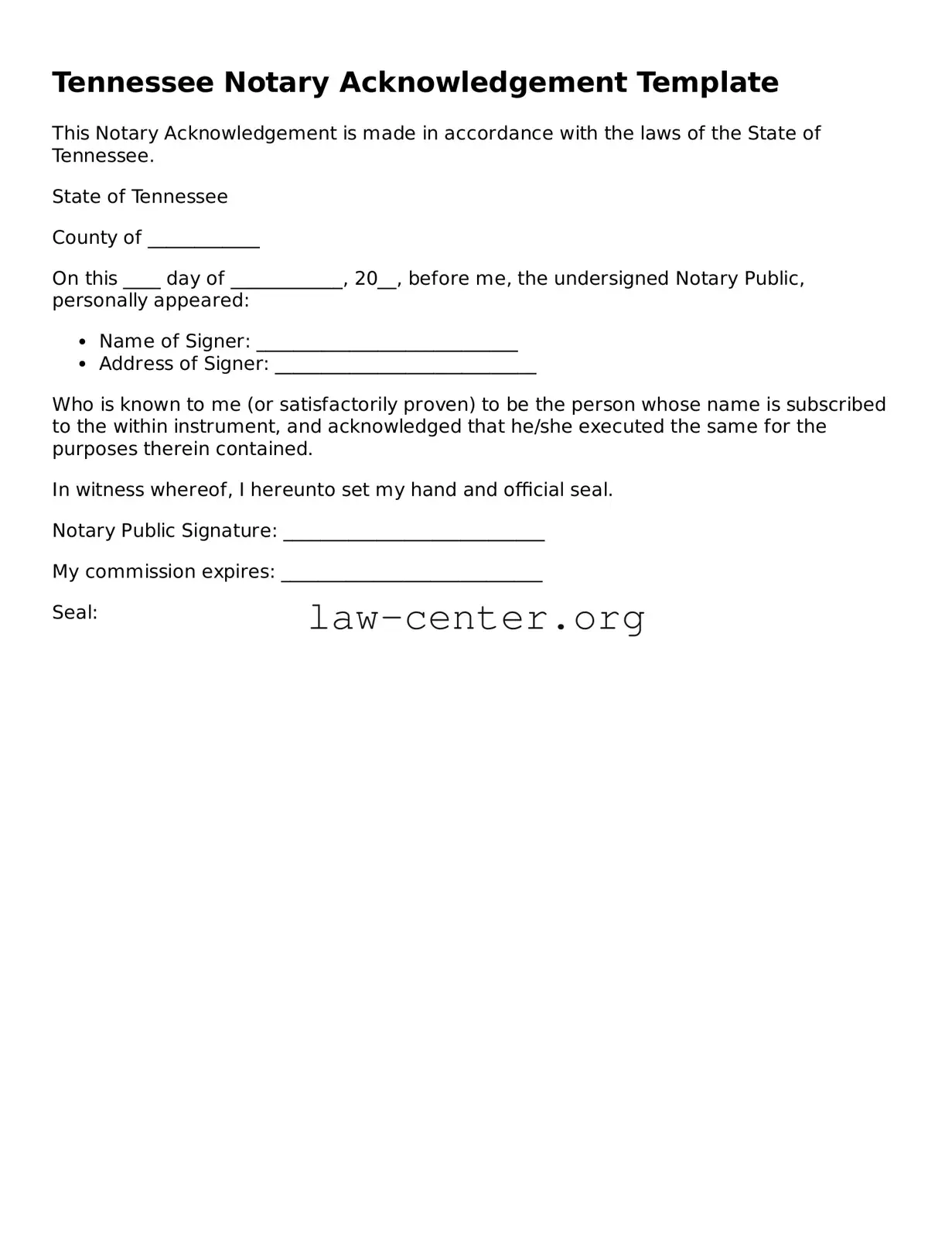 Attorney-Approved Tennessee Notary Acknowledgement Document