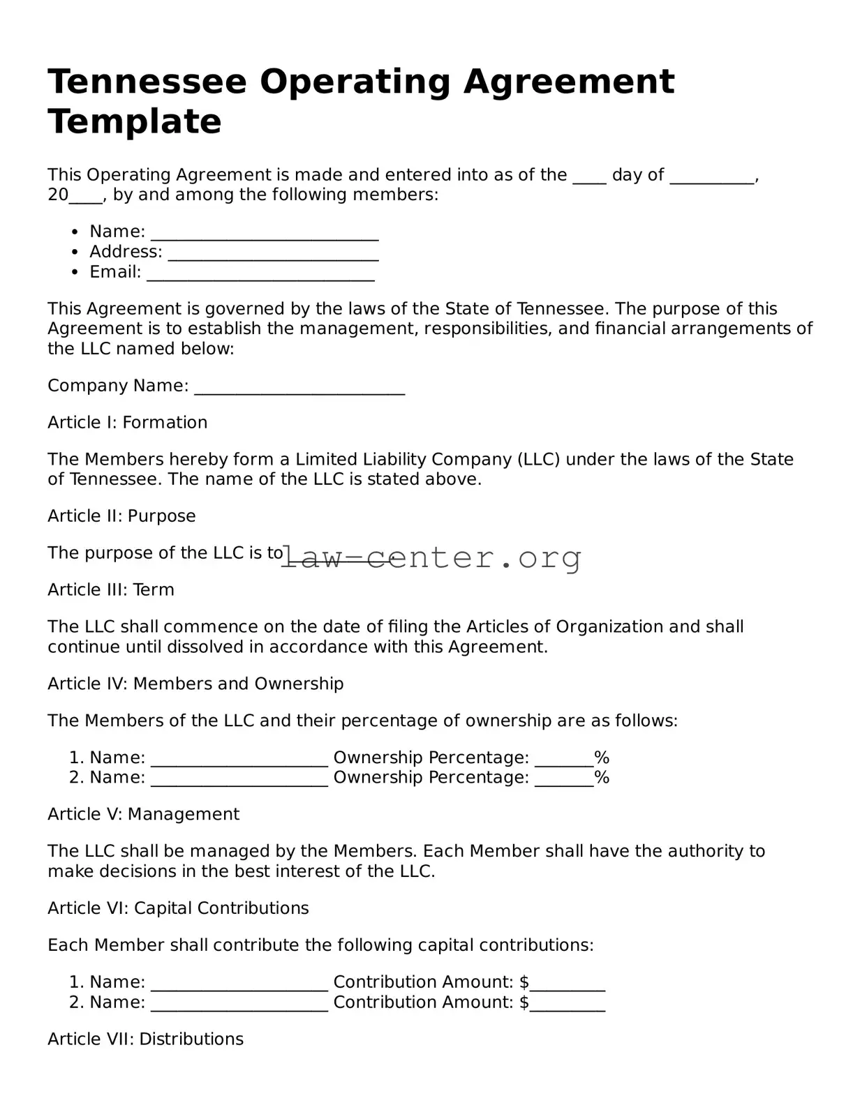 Attorney-Approved Tennessee Operating Agreement Document