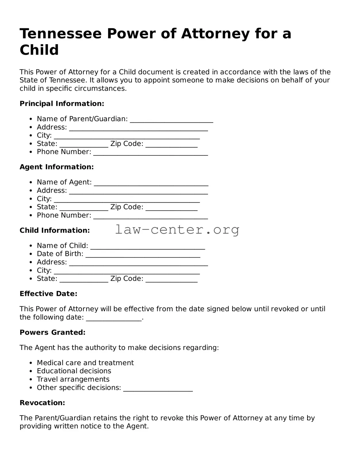 Attorney-Approved Tennessee Power of Attorney for a Child Document