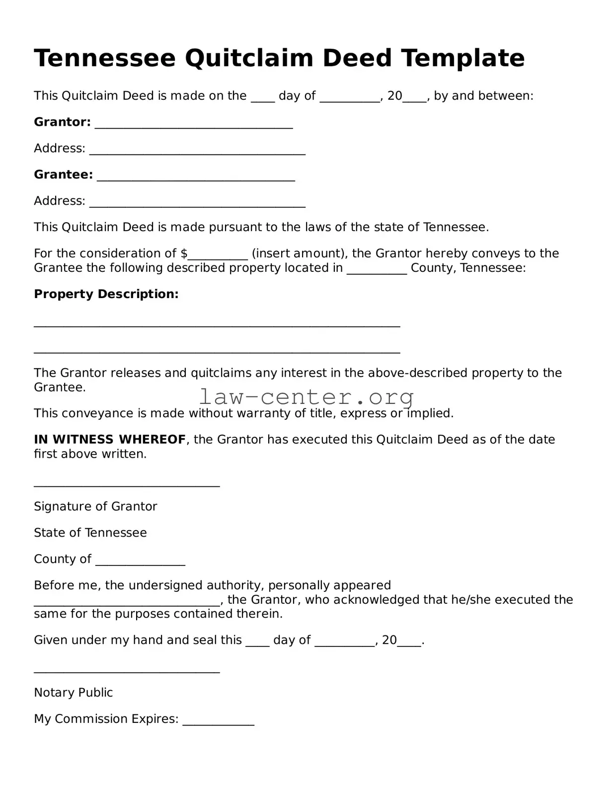 Attorney-Approved Tennessee Quitclaim Deed Document