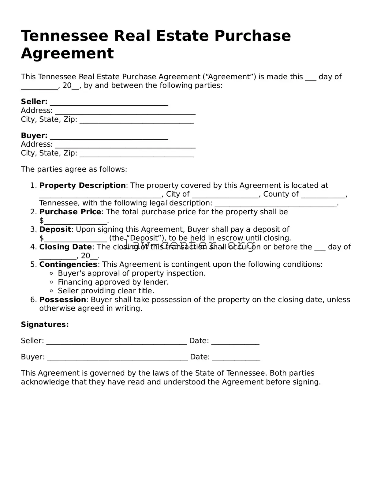 Attorney-Approved Tennessee Real Estate Purchase Agreement Document