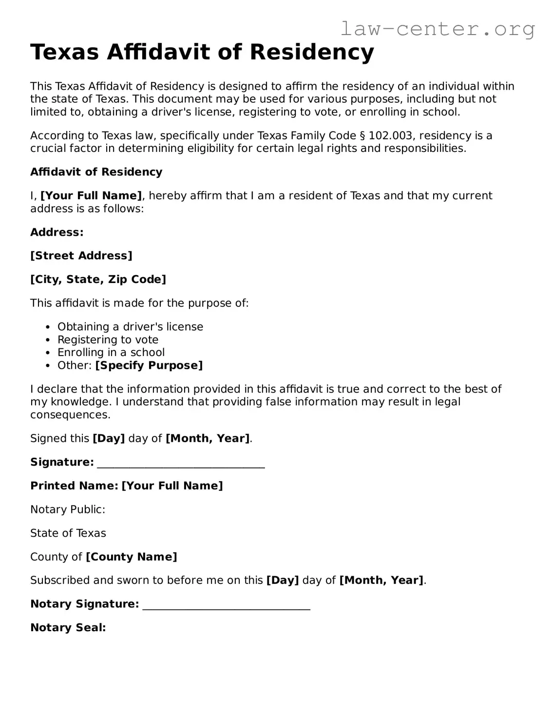 Attorney-Approved Texas Affidavit of Residency Document