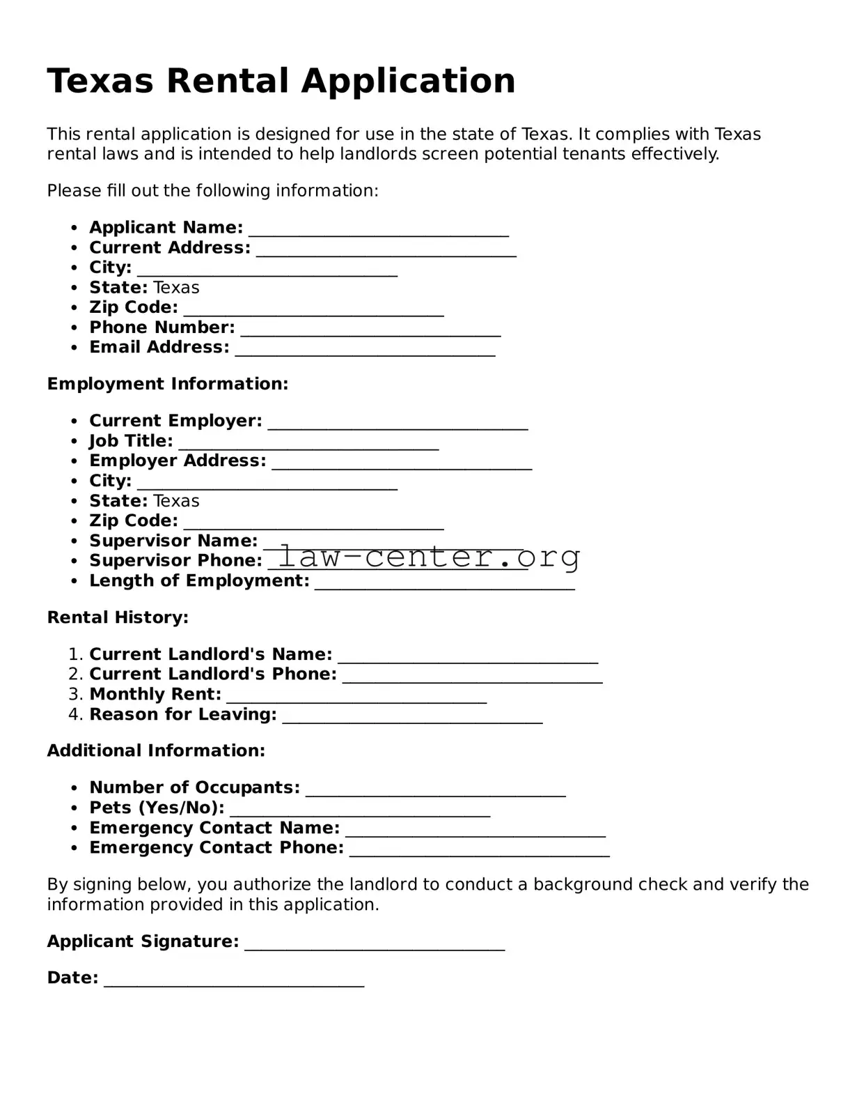 Attorney-Approved Texas Rental Application Document