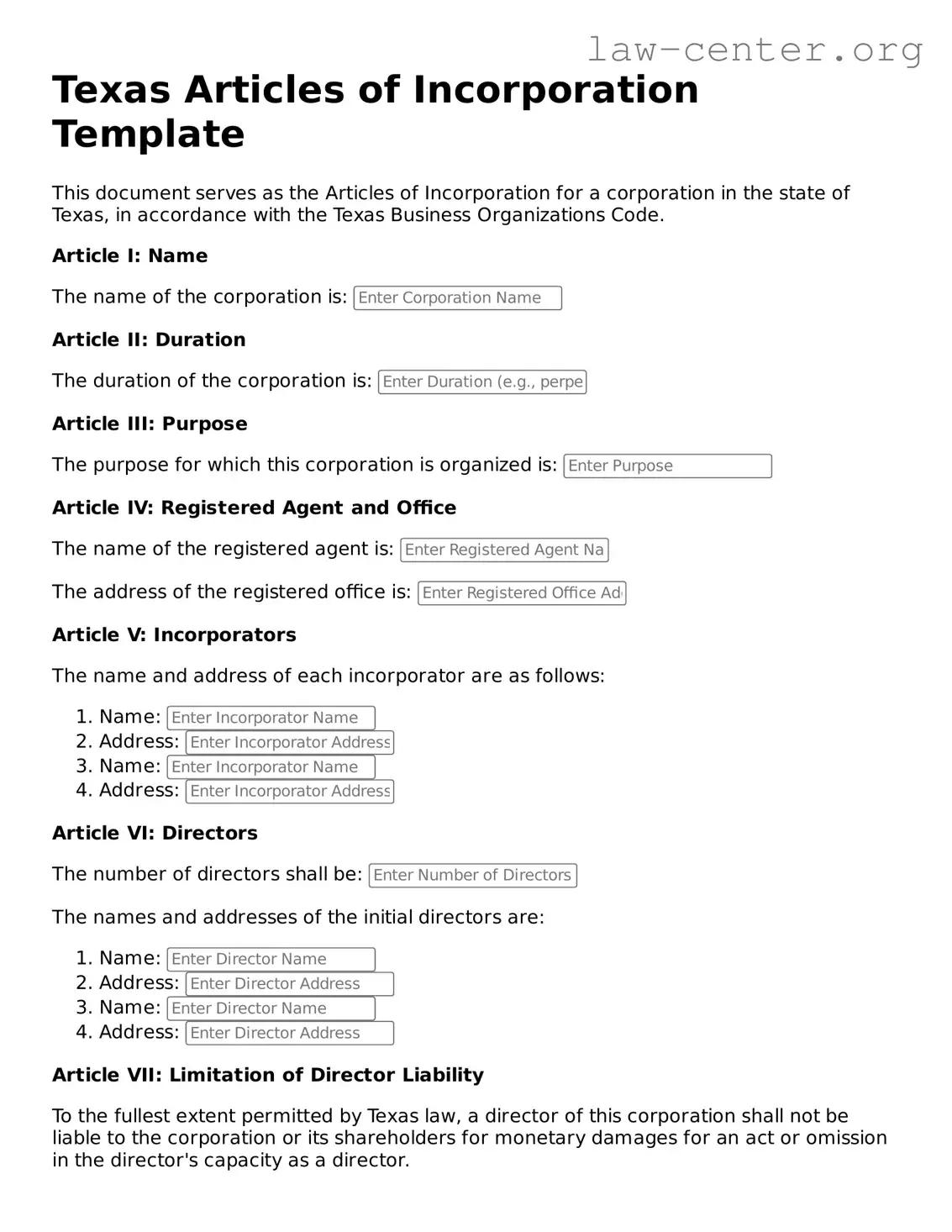 Attorney-Approved Texas Articles of Incorporation Document