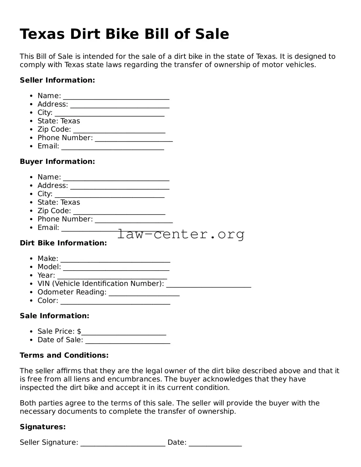 Attorney-Approved Texas Dirt Bike Bill of Sale Document