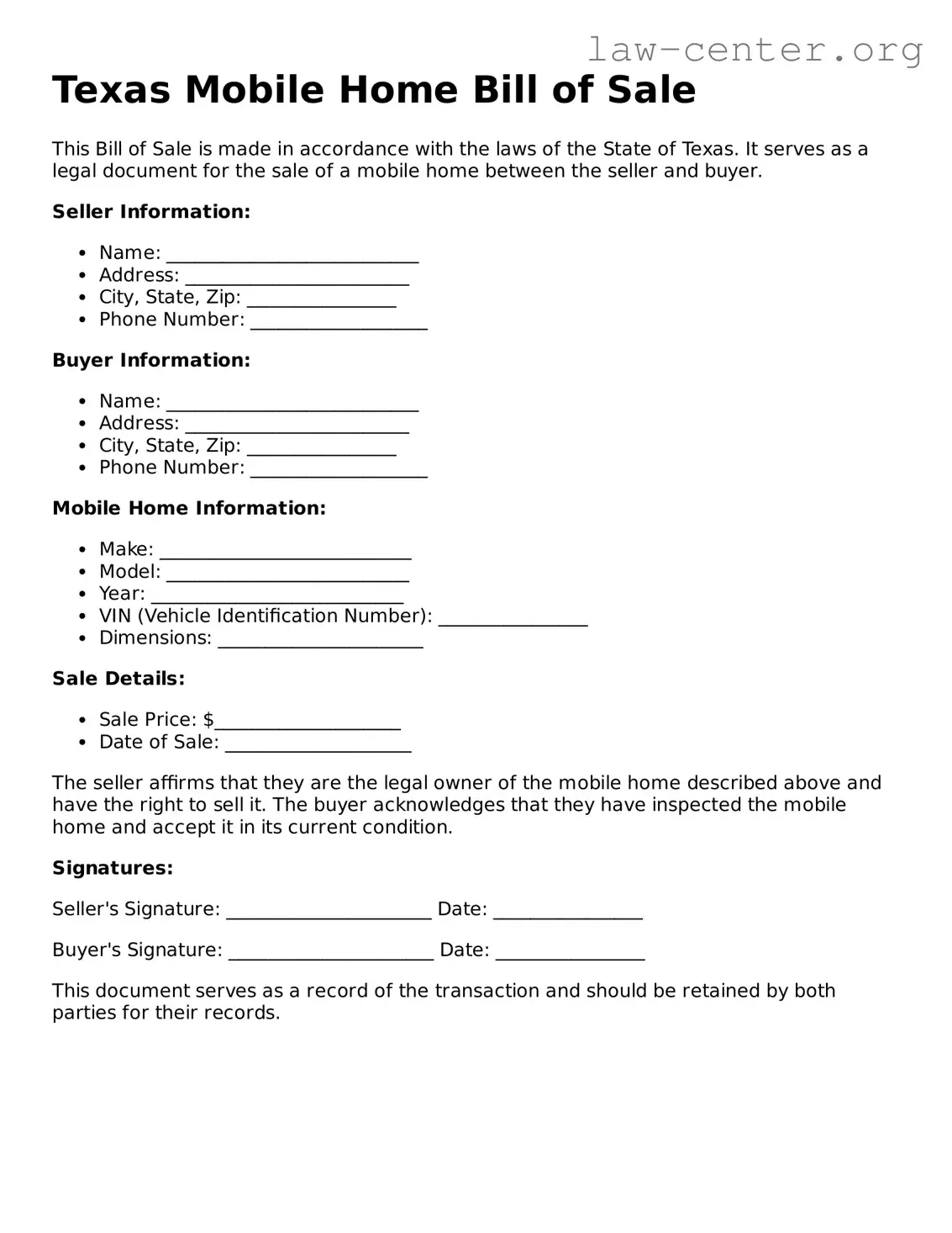 Attorney-Approved Texas Mobile Home Bill of Sale Document