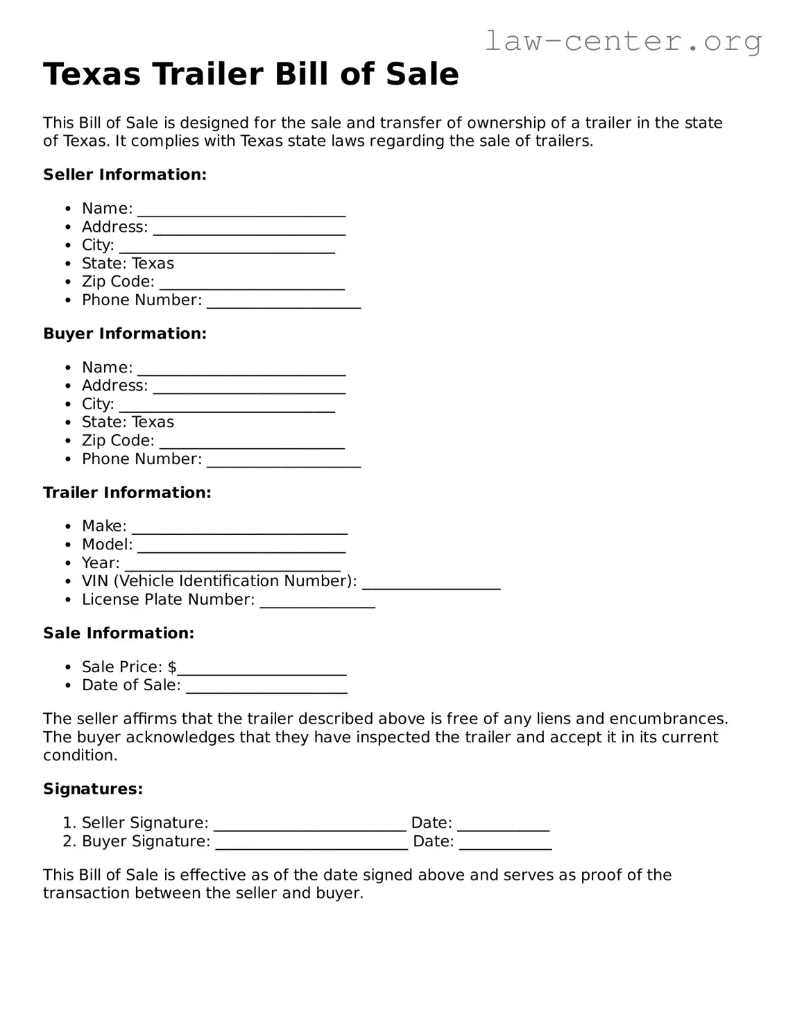 Attorney-Approved Texas Trailer Bill of Sale Document