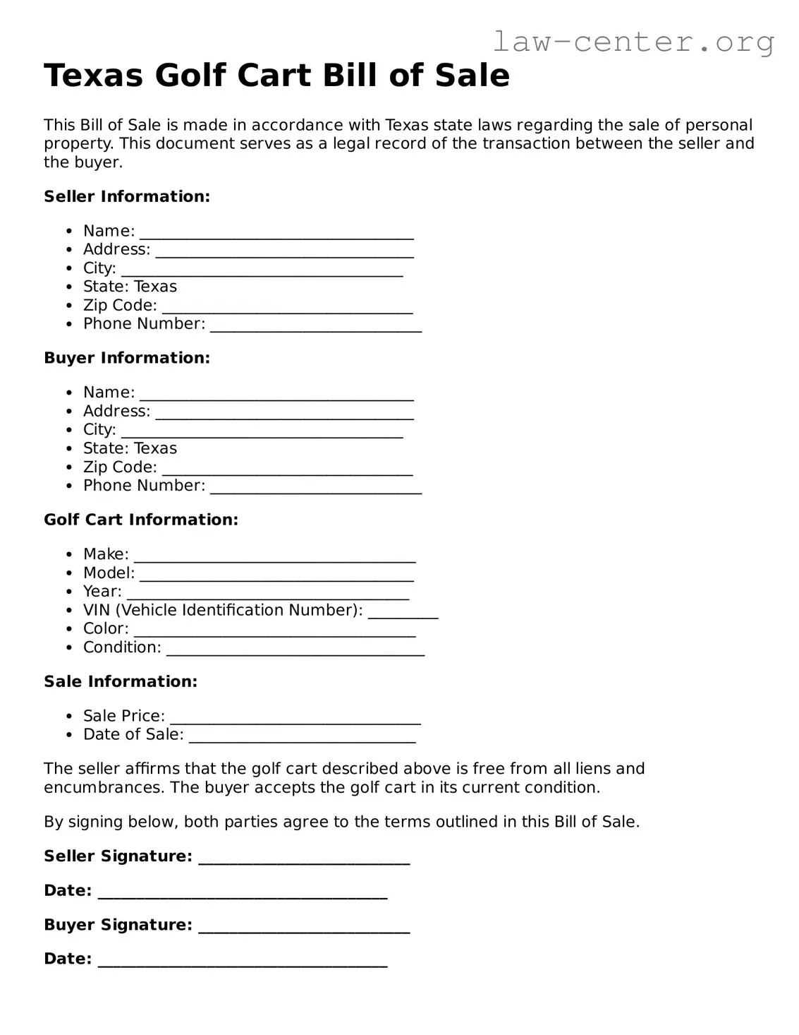 Attorney-Approved Texas Golf Cart Bill of Sale Document
