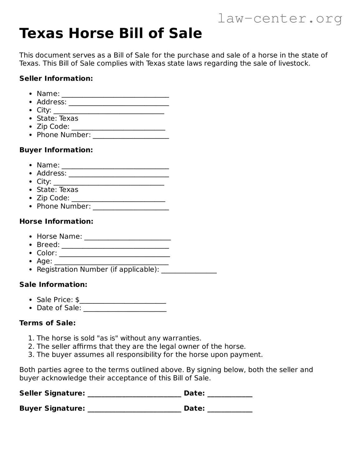 Attorney-Approved Texas Horse Bill of Sale Document