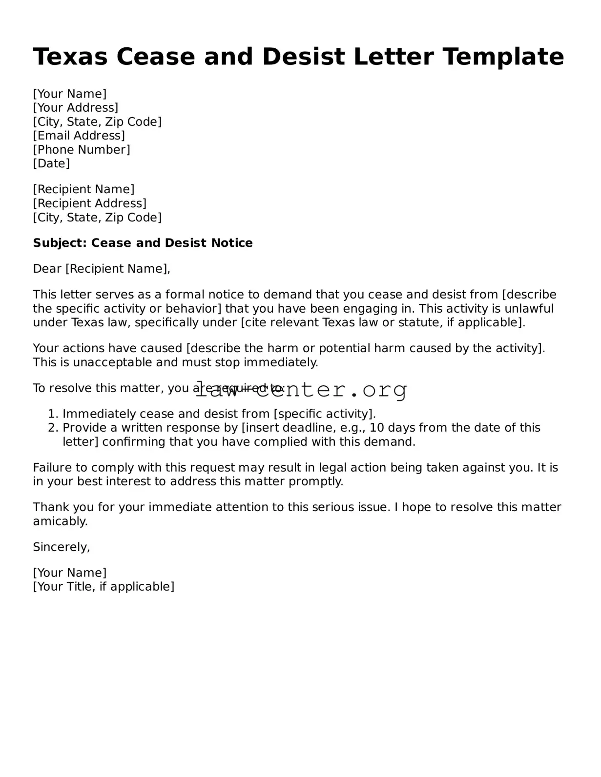 Attorney-Approved Texas Cease and Desist Letter Document