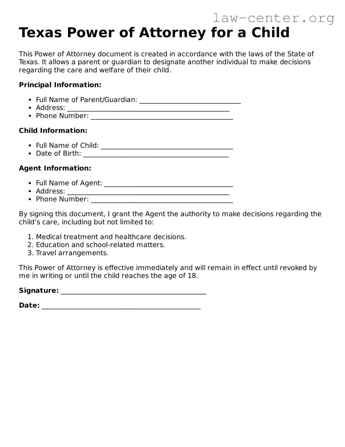 Attorney-Approved Texas Power of Attorney for a Child Document