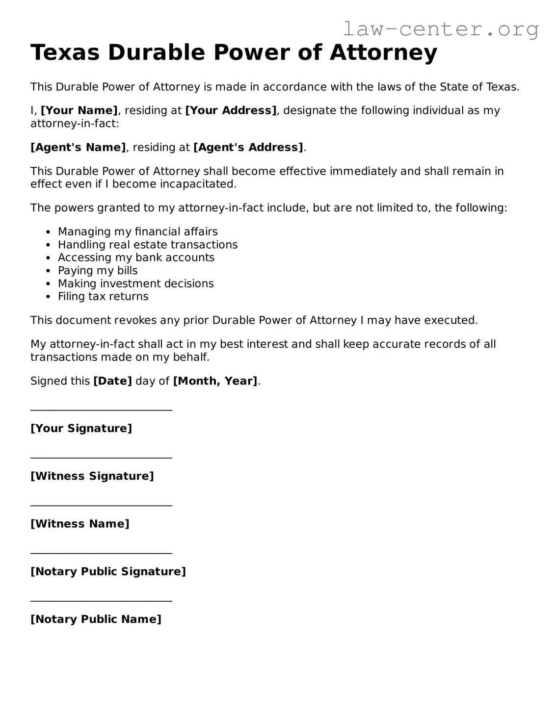 Attorney-Approved Texas Durable Power of Attorney Document