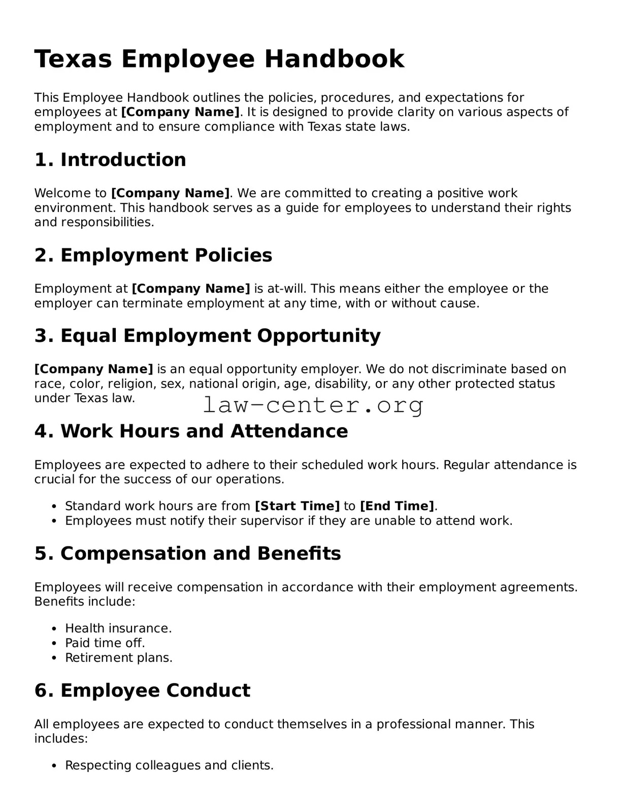 Attorney-Approved Texas Employee Handbook Document