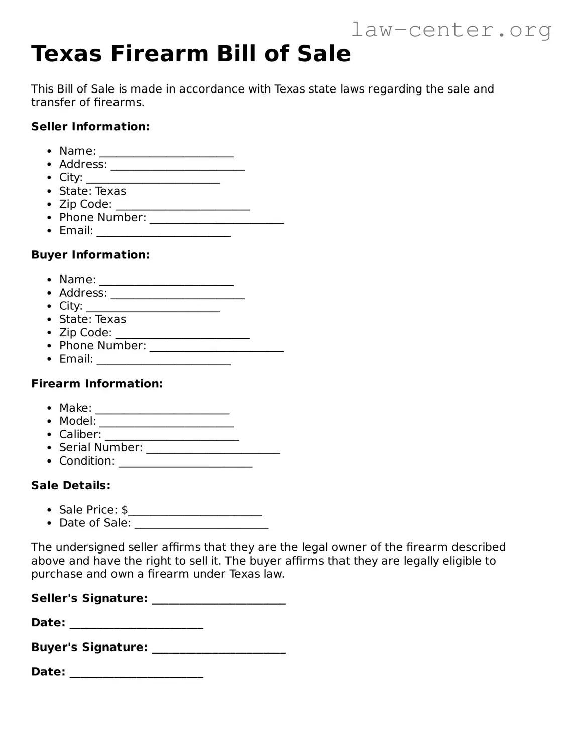 Attorney-Approved Texas Firearm Bill of Sale Document