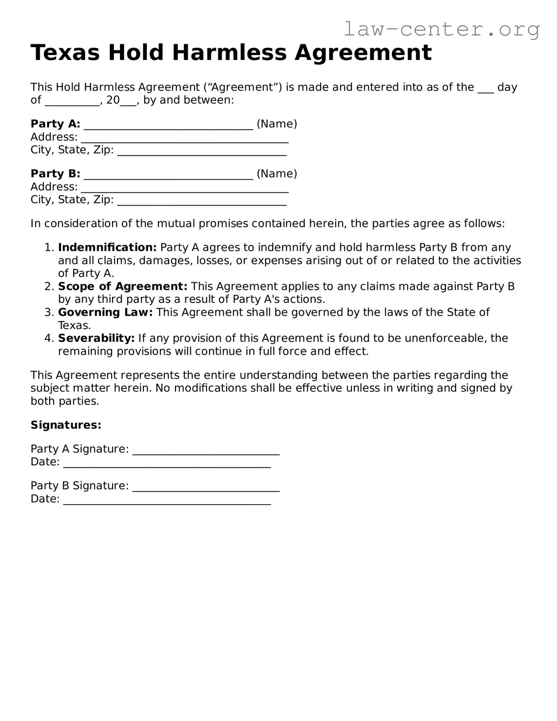 Attorney-Approved Texas Hold Harmless Agreement Document