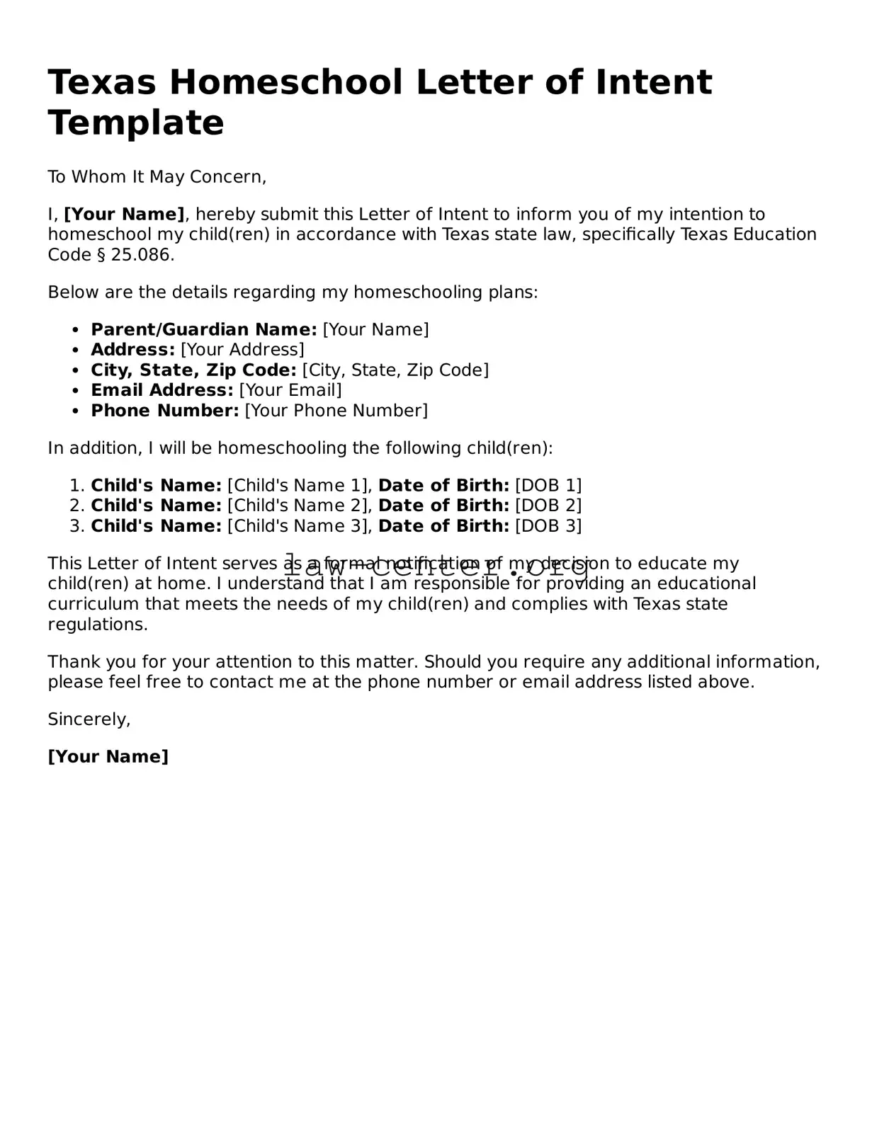 Attorney-Approved Texas Homeschool Letter of Intent Document