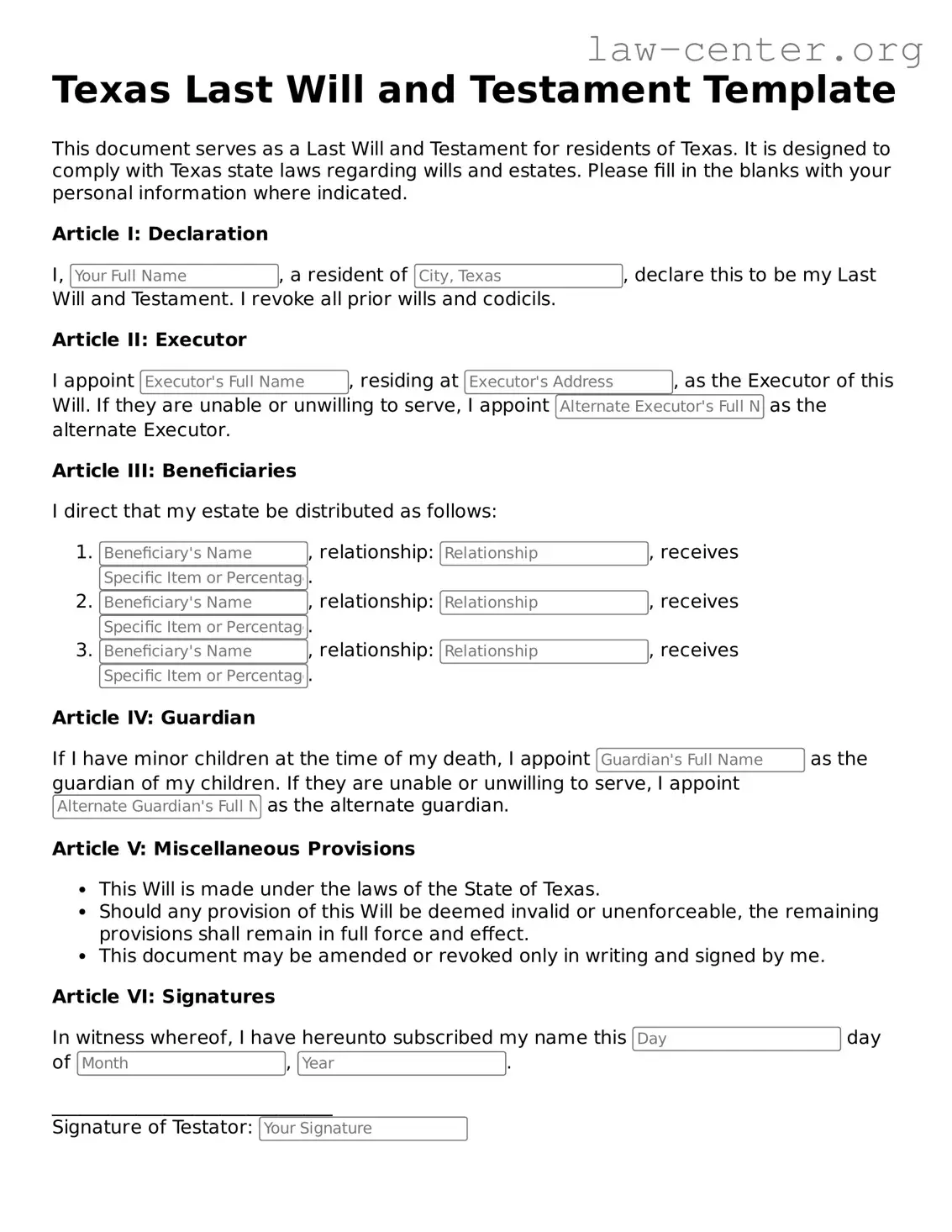 Attorney-Approved Texas Last Will and Testament Document