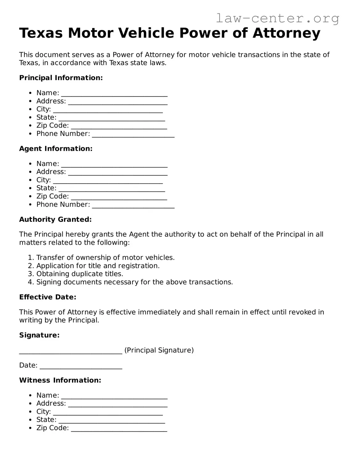 Attorney-Approved Texas Motor Vehicle Power of Attorney Document