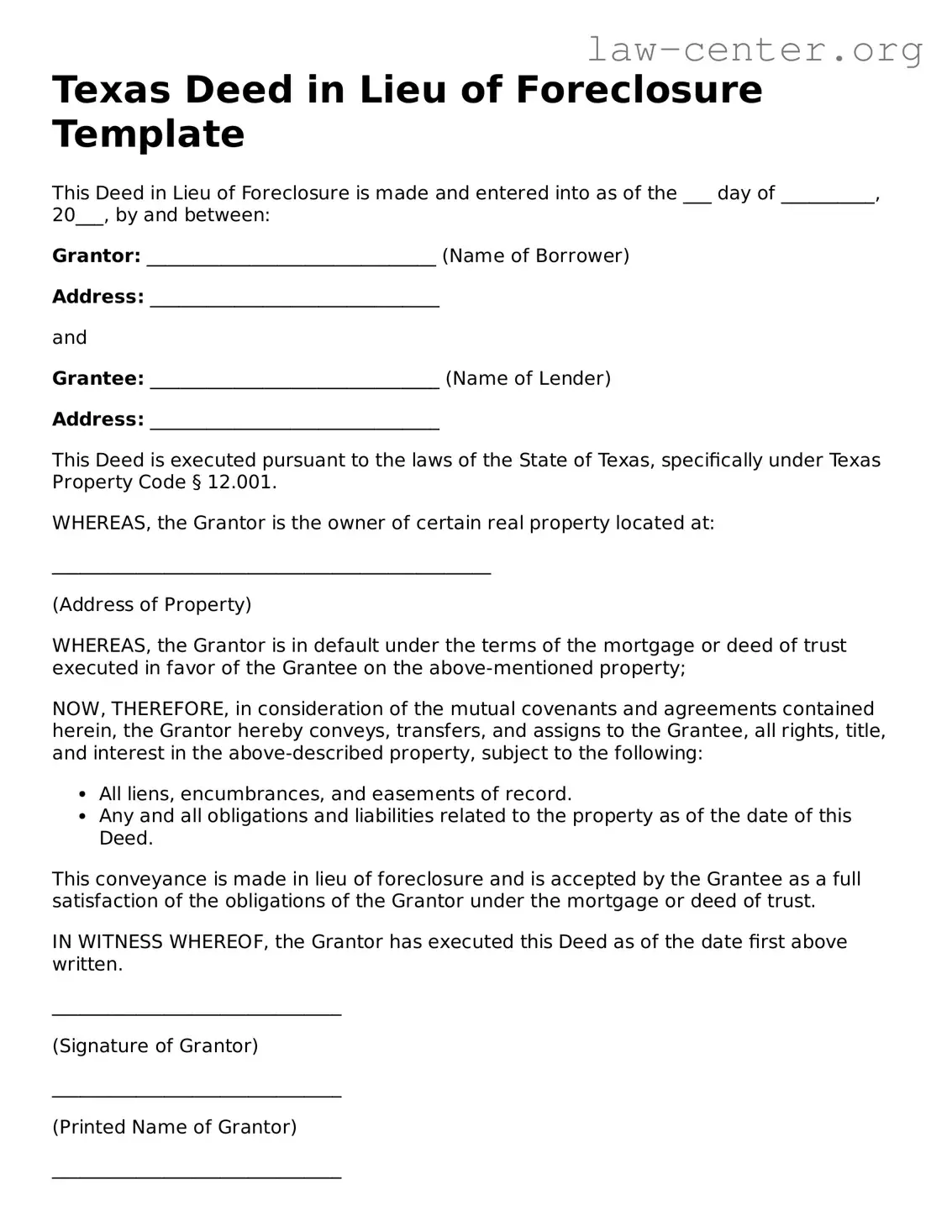 Attorney-Approved Texas Deed in Lieu of Foreclosure Document