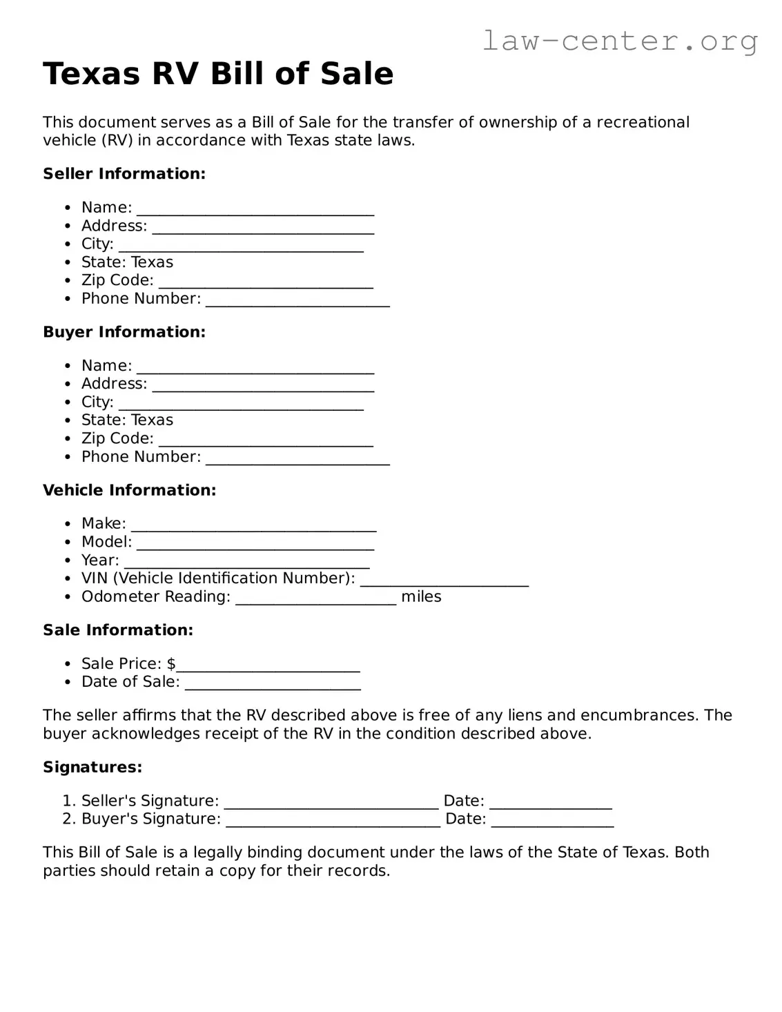 Attorney-Approved Texas RV Bill of Sale Document