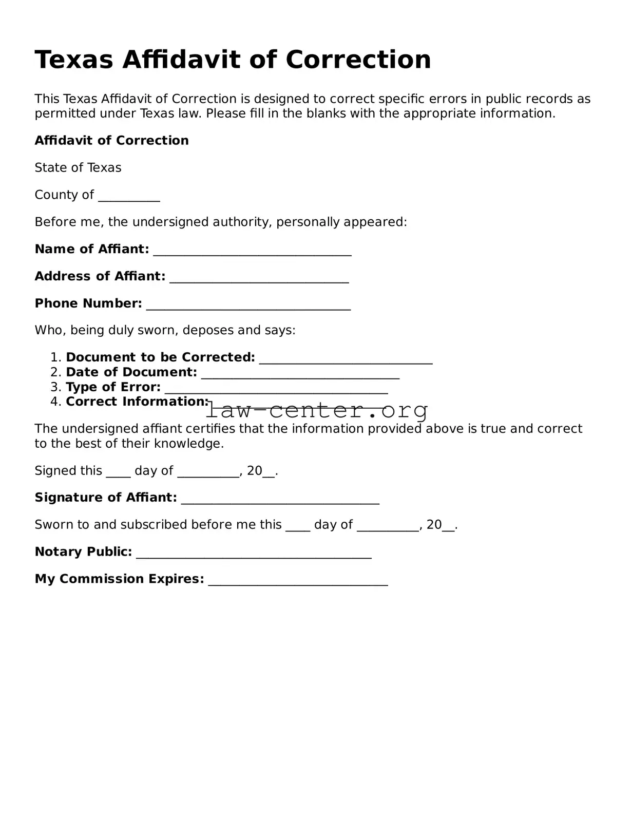 Attorney-Approved Texas Affidavit of Correction Document