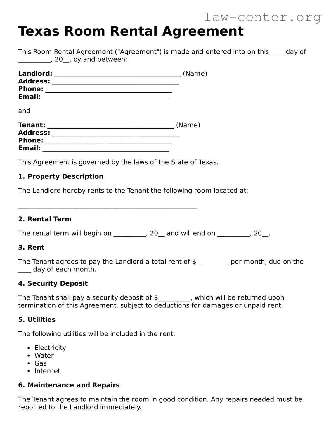 Attorney-Approved Texas Room Rental Agreement Document