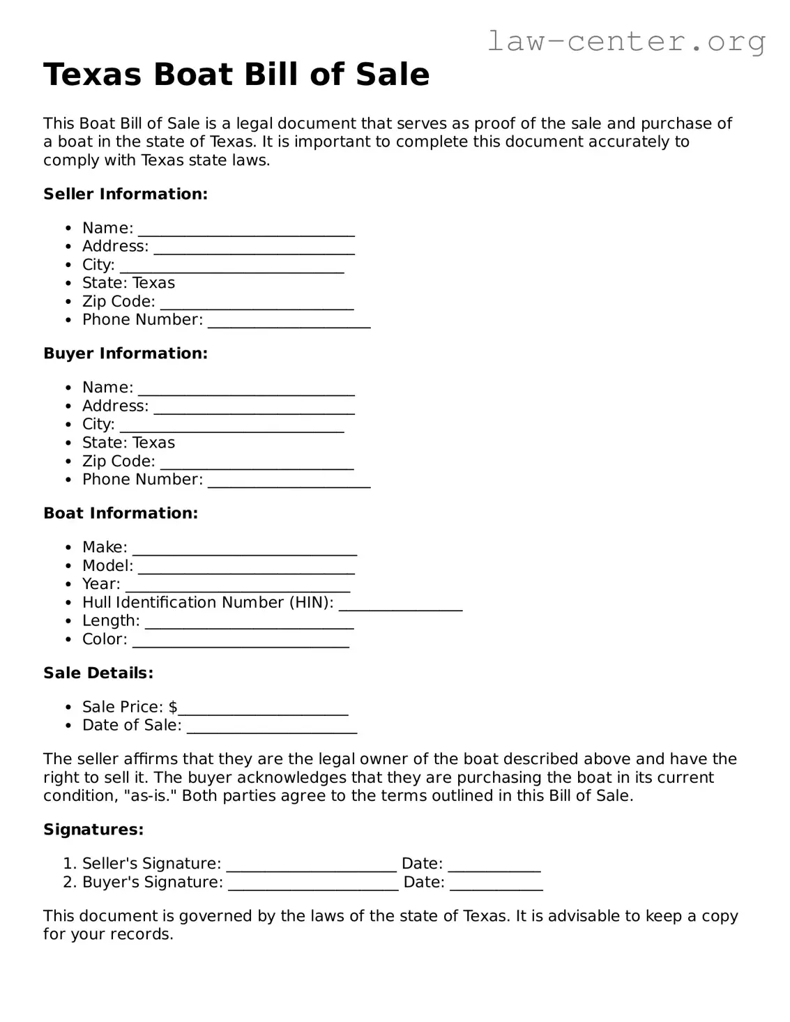 Attorney-Approved Texas Boat Bill of Sale Document
