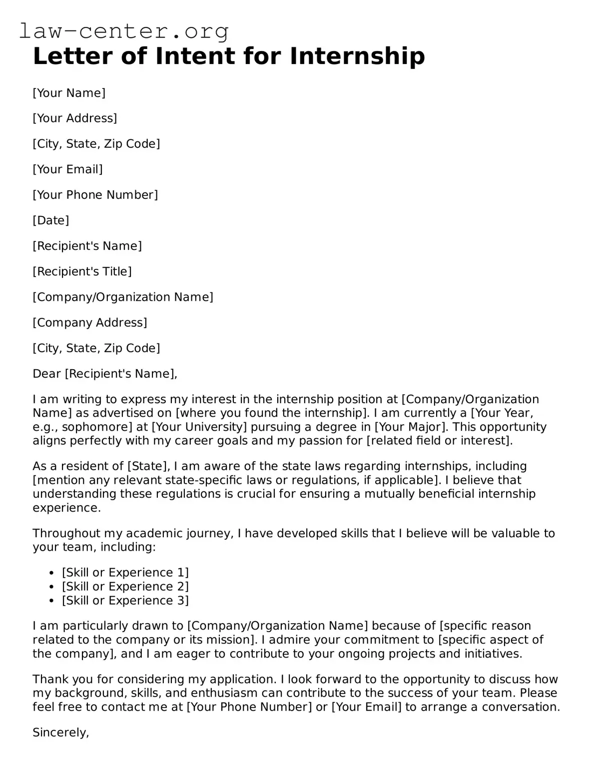 Free Letter of Intent for Internship Template