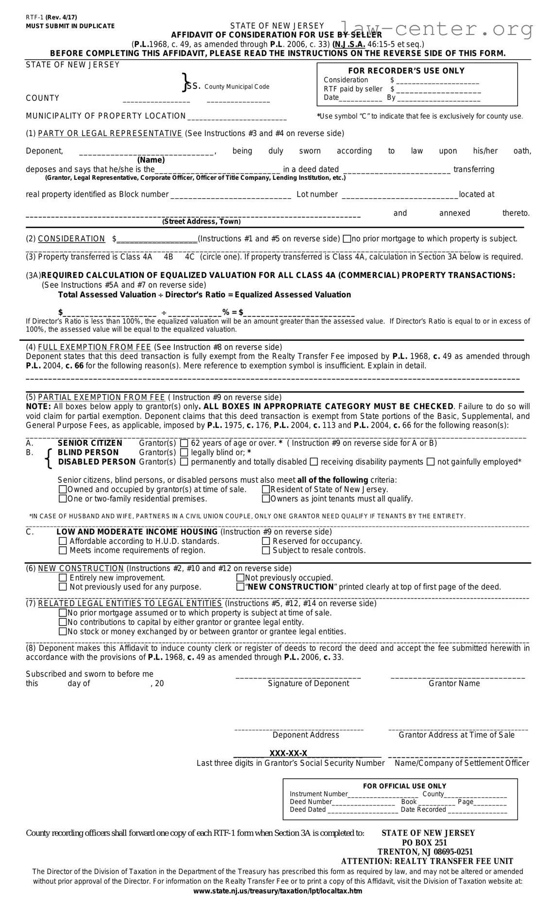 Get New Jersey Affidavit of Consideration RTF-1 Form