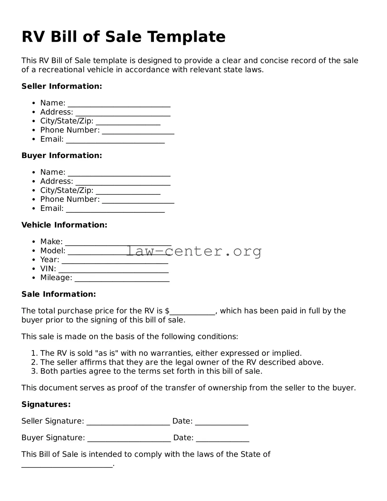 Free RV Bill of Sale Template