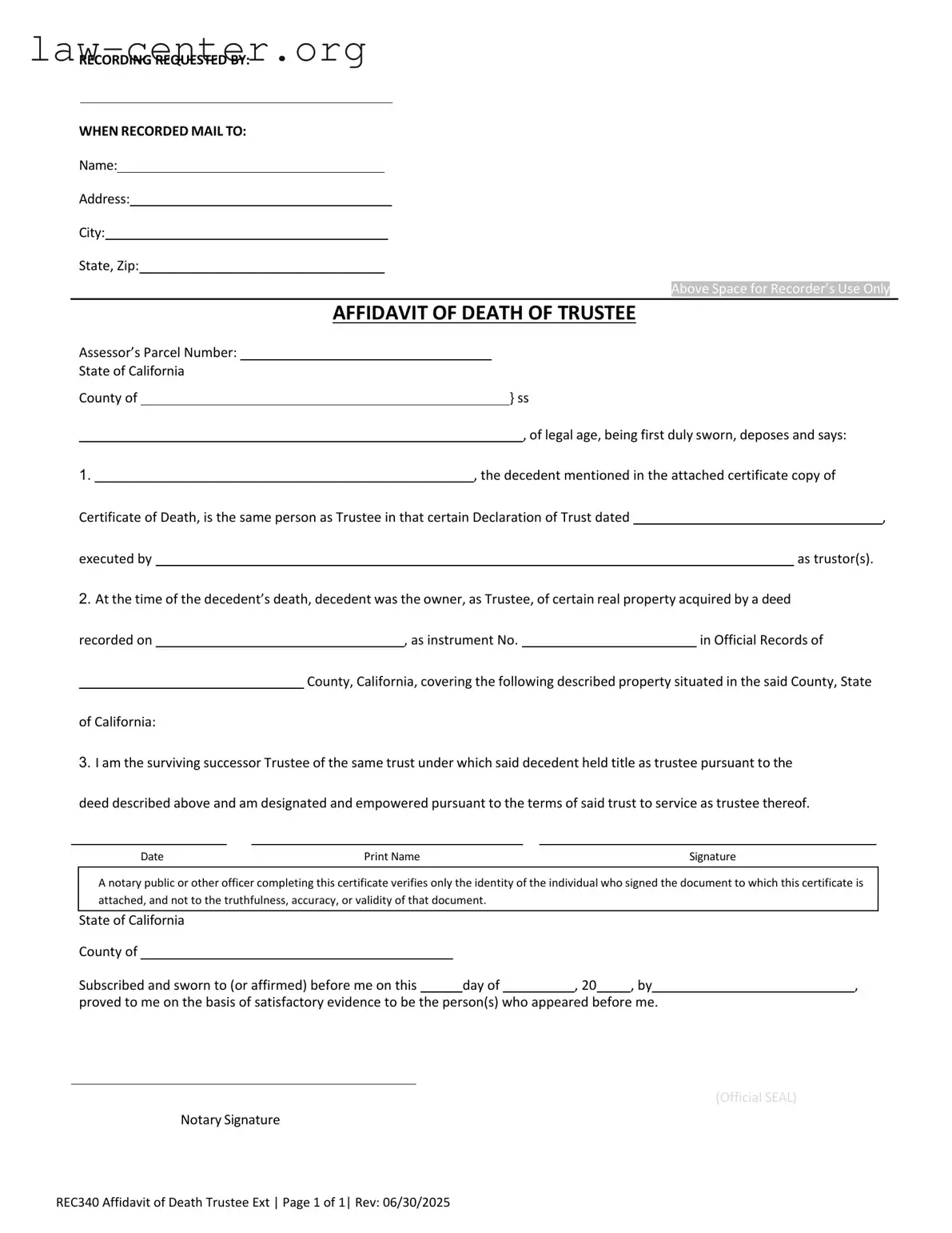Get California Affidavit of Death of a Trustee Form
