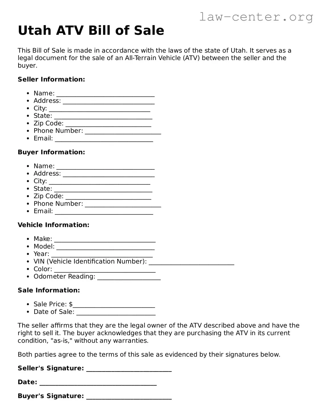 Attorney-Approved Utah ATV Bill of Sale Document