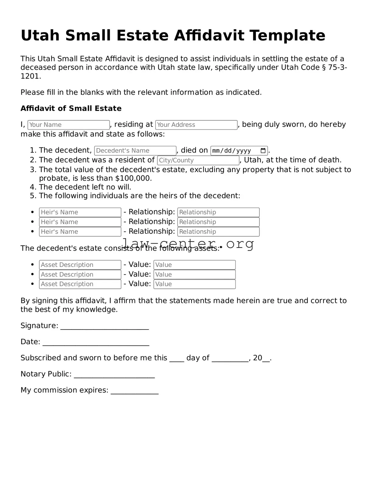 Attorney-Approved Utah Small Estate Affidavit Document
