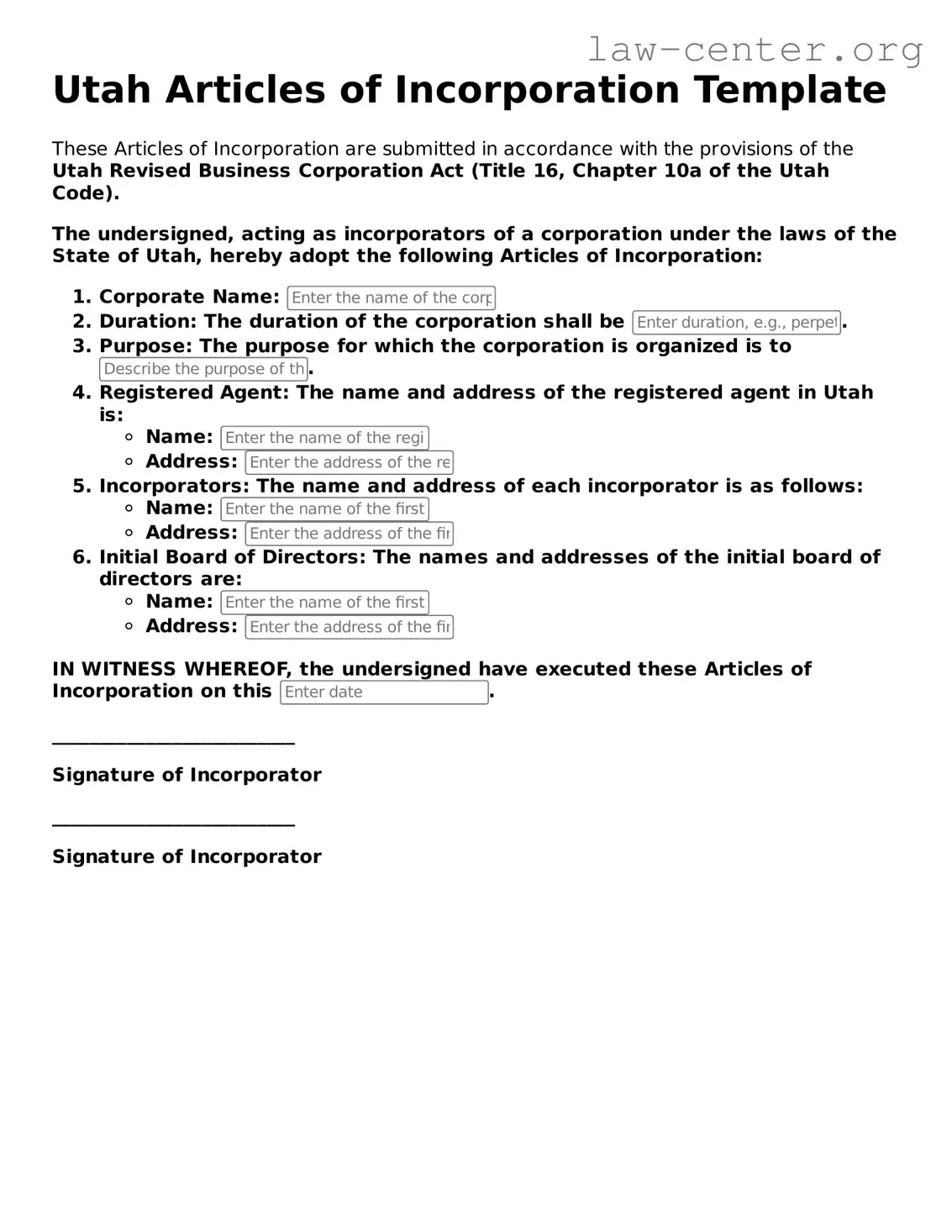 Attorney-Approved Utah Articles of Incorporation Document