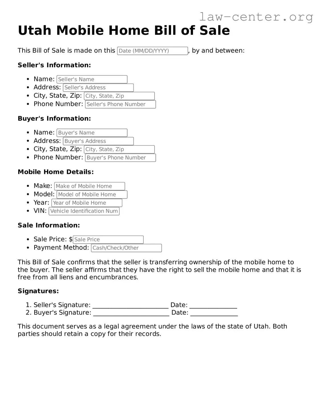 Attorney-Approved Utah Mobile Home Bill of Sale Document