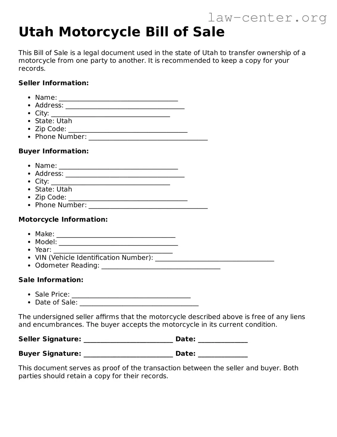 Attorney-Approved Utah Motorcycle Bill of Sale Document