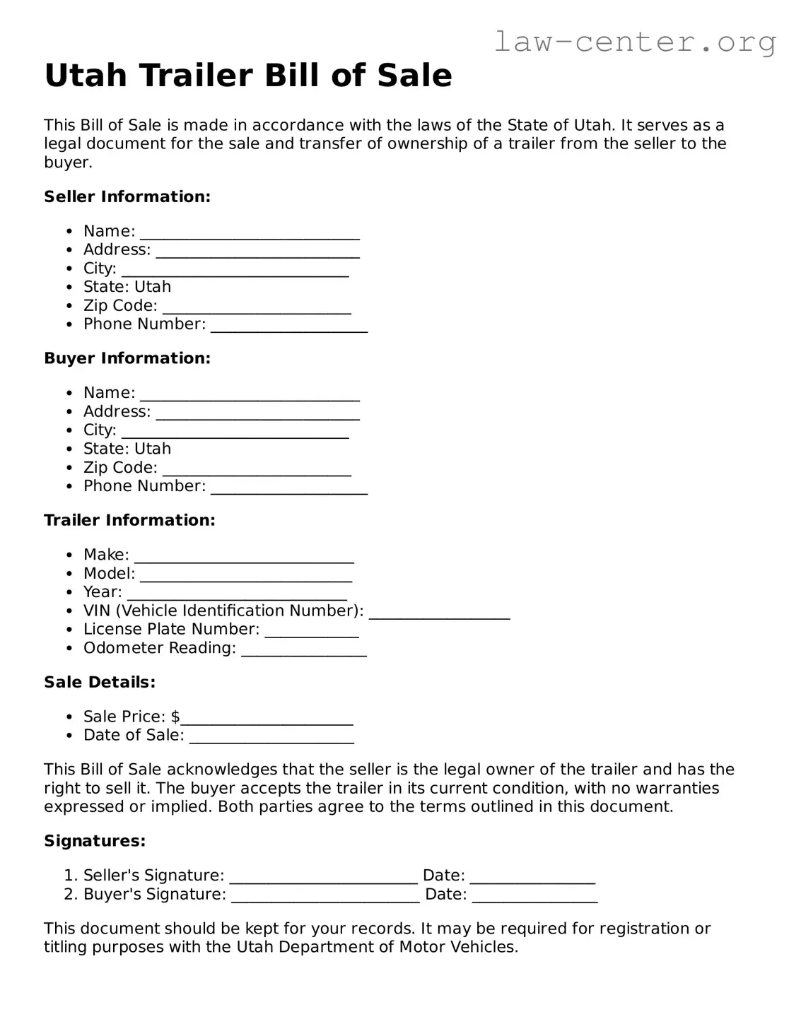 Attorney-Approved Utah Trailer Bill of Sale Document